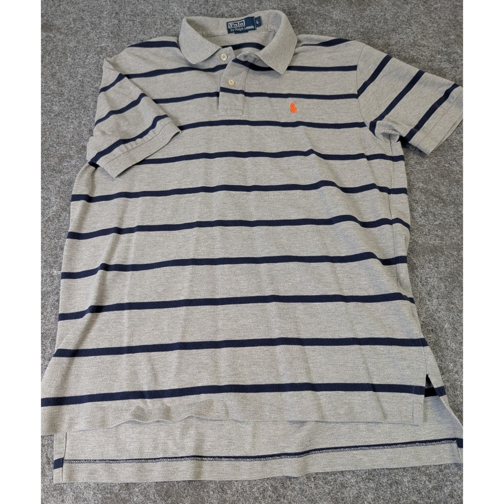 Polo by Ralph Lauren Mens Size L Shirt Short Sleeve Gray/Blue Stripe Golf Tennis